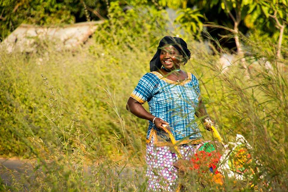 Gambiaanse vrouw met een kruiwagen vol pinda's