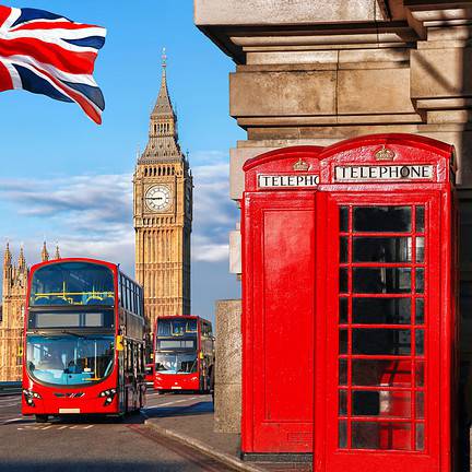 Bussen, Big Ben en rode telefooncel in Londen, Engeland