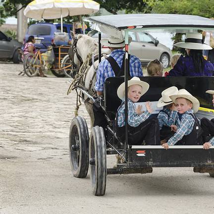 Amish familie in hun buggy