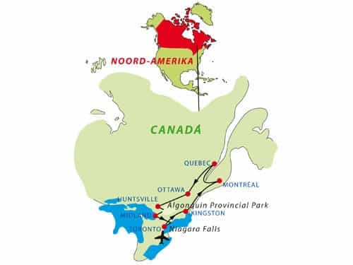 Routekaart van rondreis door Oost-Canada