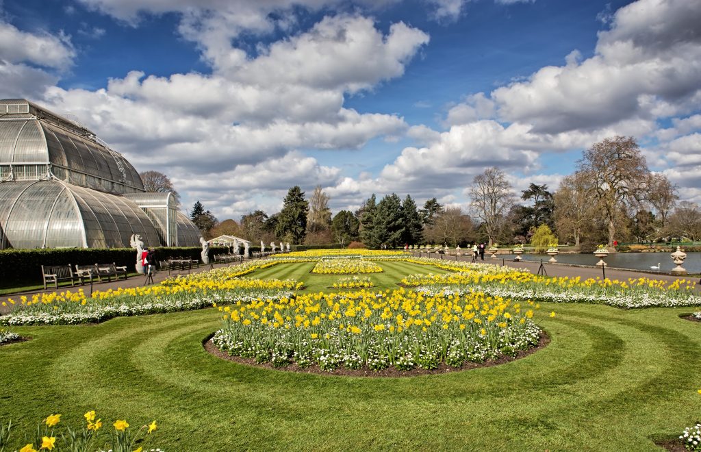 De kas en bloementuin van Kew Gardens in Londen, Engeland