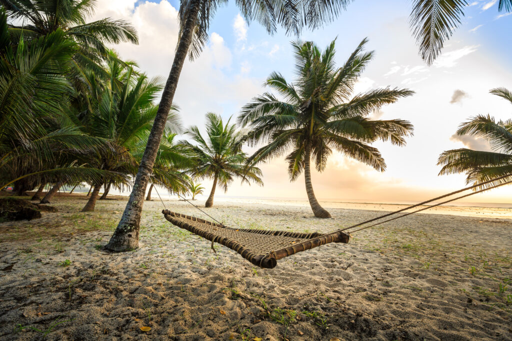 Hangmat tussen twee palmbomen op een strand in Diani Beach, Kenia