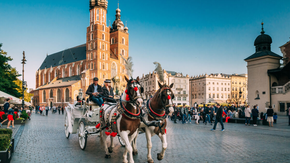 Twee paarden voor een ouderwetse koets in het centrum van Krakau, Polen