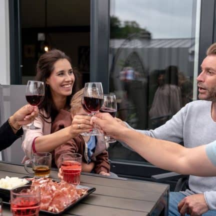 Vrienden samen aan het wijn drinken bij een vakantiehuisje