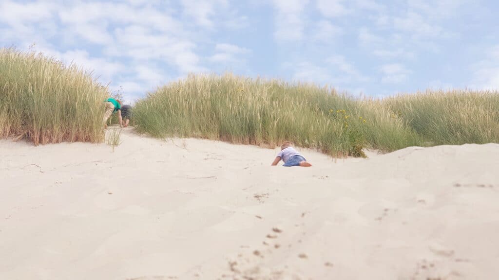 Kinderen aan het spelen in de duinen op het strand van Ameland